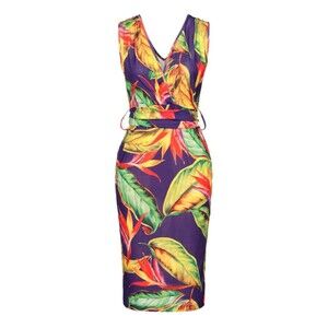 Alessandro Legora Women's Colorful Tropical Party Belted Midi Dress Sz 10 Italy